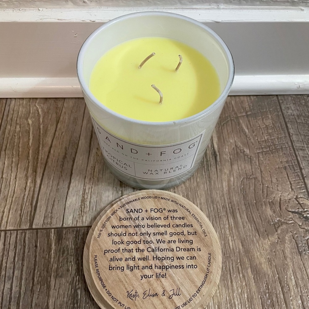Sand + Fog Tropical Citrus 3-Wick Scented Candle 21oz Wood Lid Natural Wax Blend